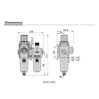 GTFC20008LNWTK AIRTAC SMALL FRL ASSEMBLY GTFC200 SERIES 1/4" NPT 20-58 PSI PART FILT, REG, LUB 5 MIC NO GA INT CHK